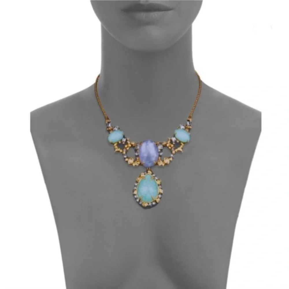 ALEXIS BITTAR • NEW Elements Amazonite Mother-Of-Pearl Crystal Bib Necklace